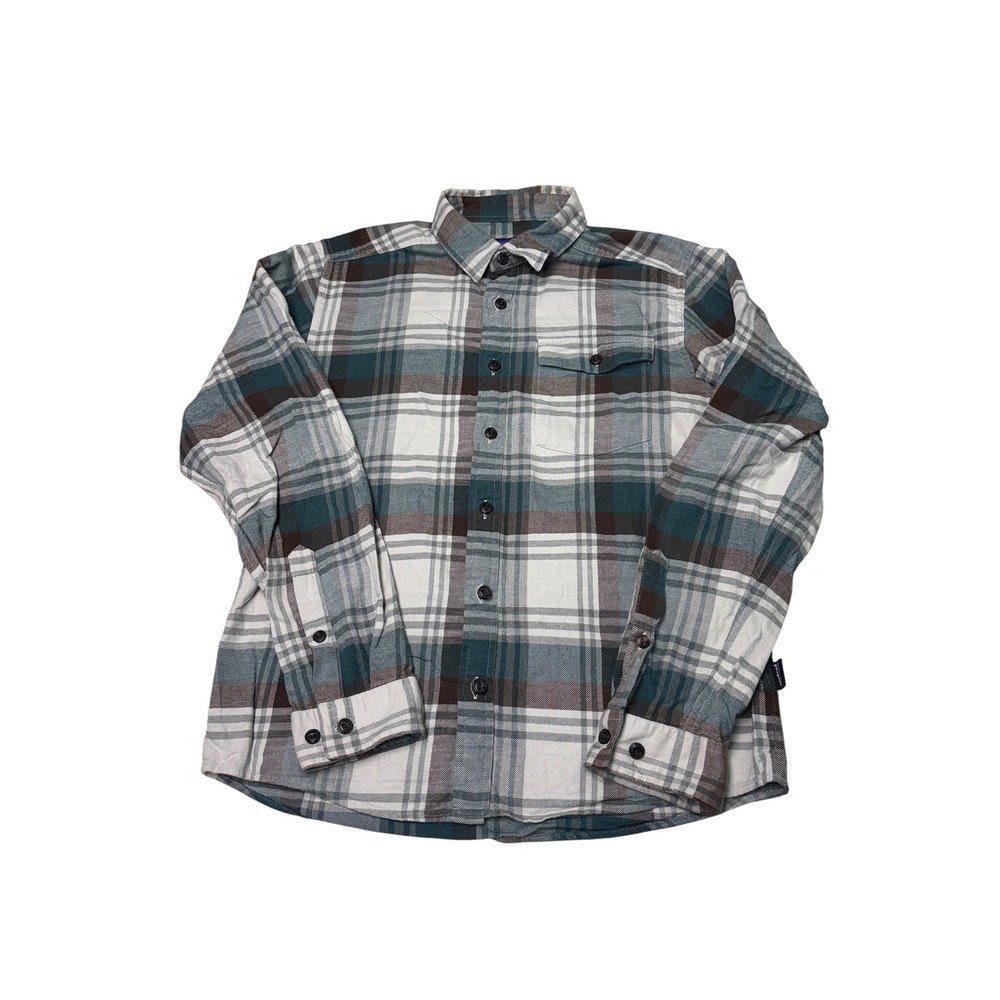 Patagonia Mens Fjord Flannel Shirt Small Organic Cotton Plaid Teal Grey White